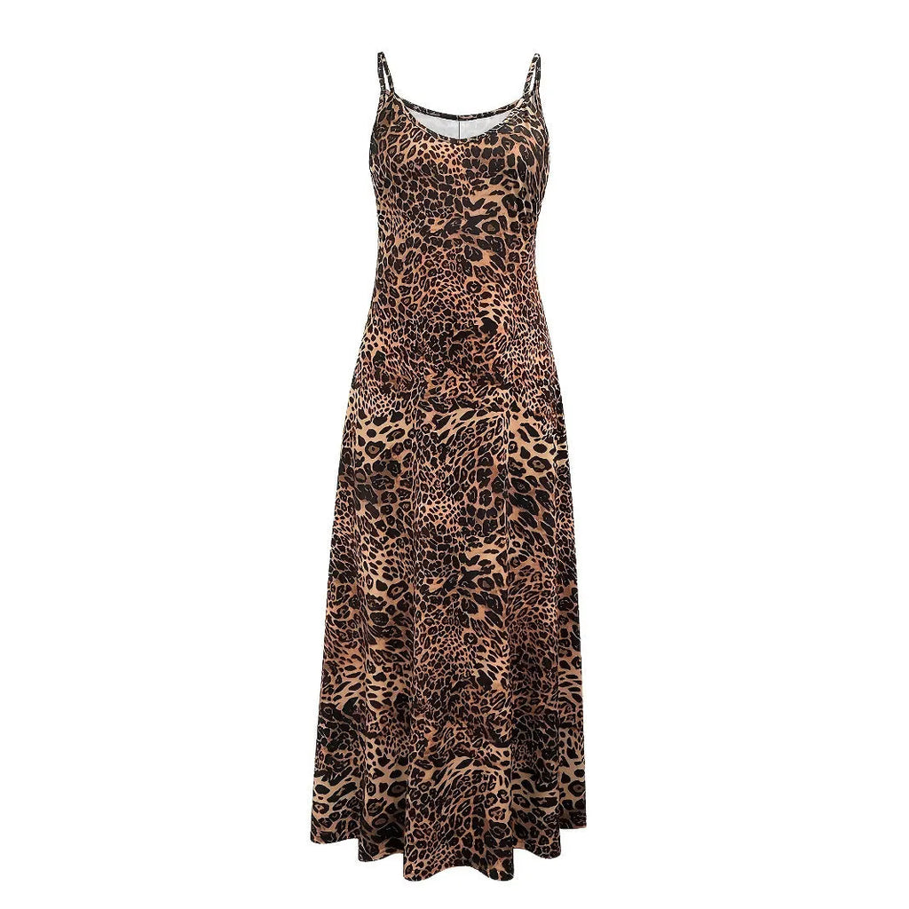 Dark brown leopard print dress with sleeveless sling design and shoulder straps, hip skirt cut