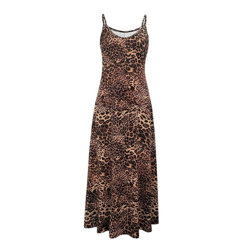 Dark brown leopard print dress with sleeveless sling design and shoulder straps, hip skirt cut
