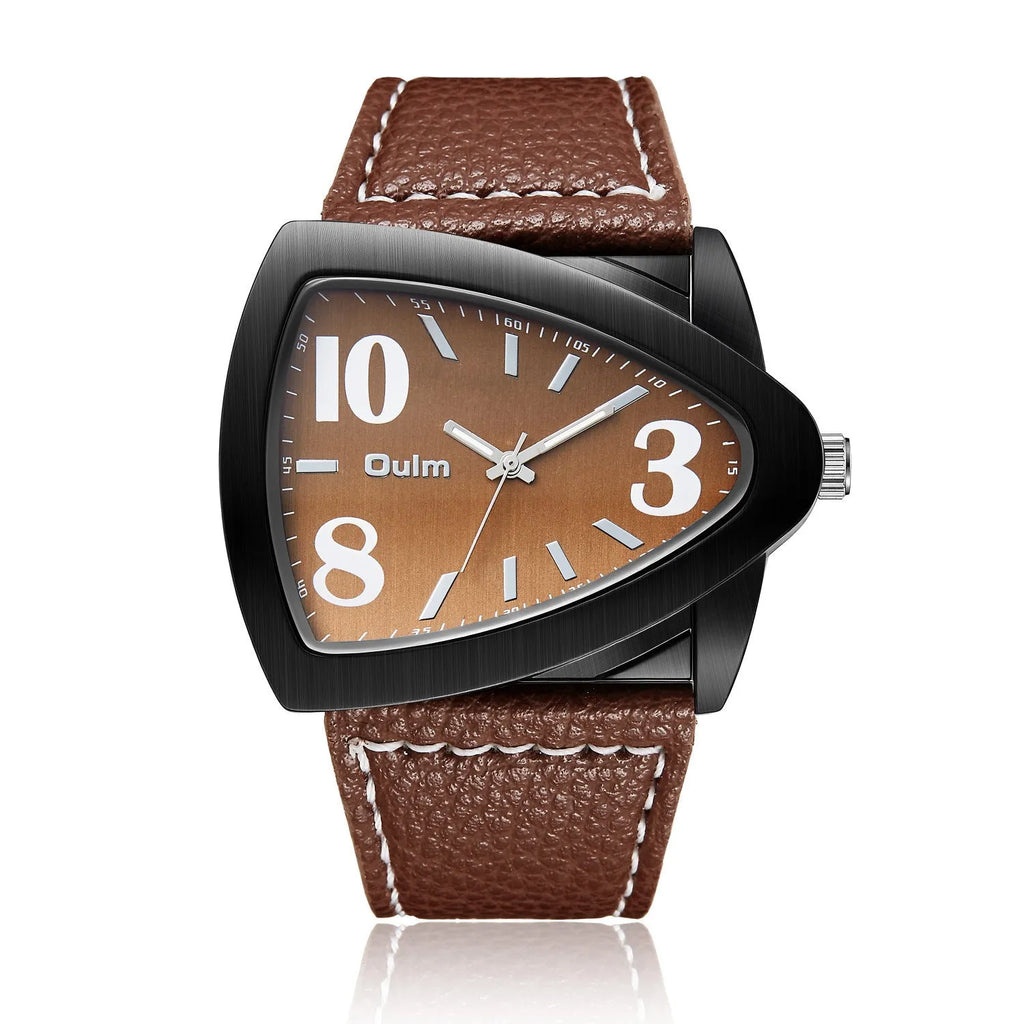 Men's casual triangle pattern leather strap quartz watch with 9mm slim profile