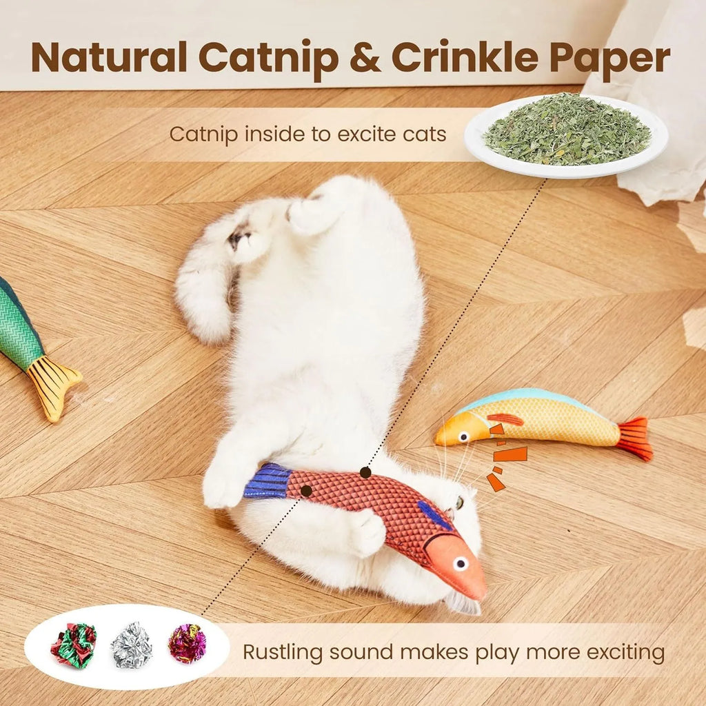 Soft plush catnip fish toy in bright colours measuring 24cm for interactive cat play