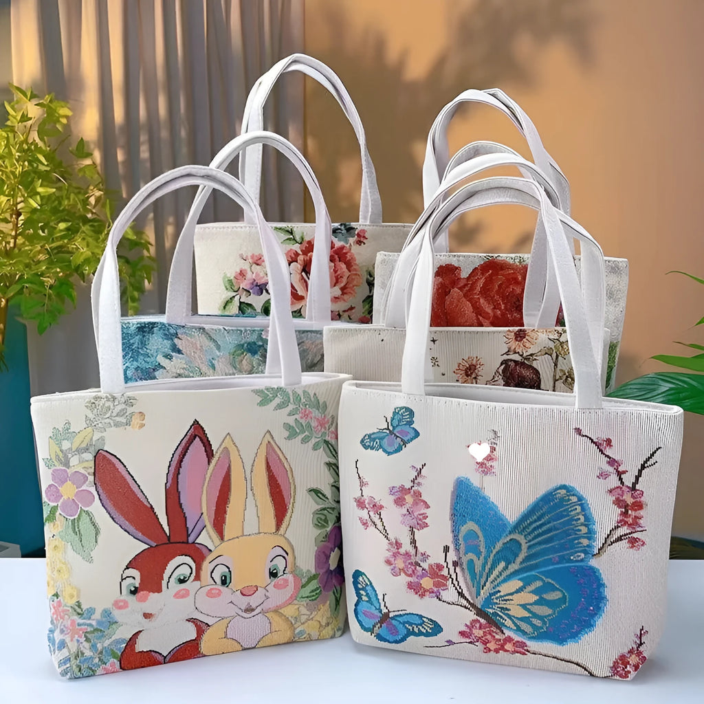 Double-sided gold wire embroidered canvas tote bag in small, medium, and large sizes with floral patterns.
