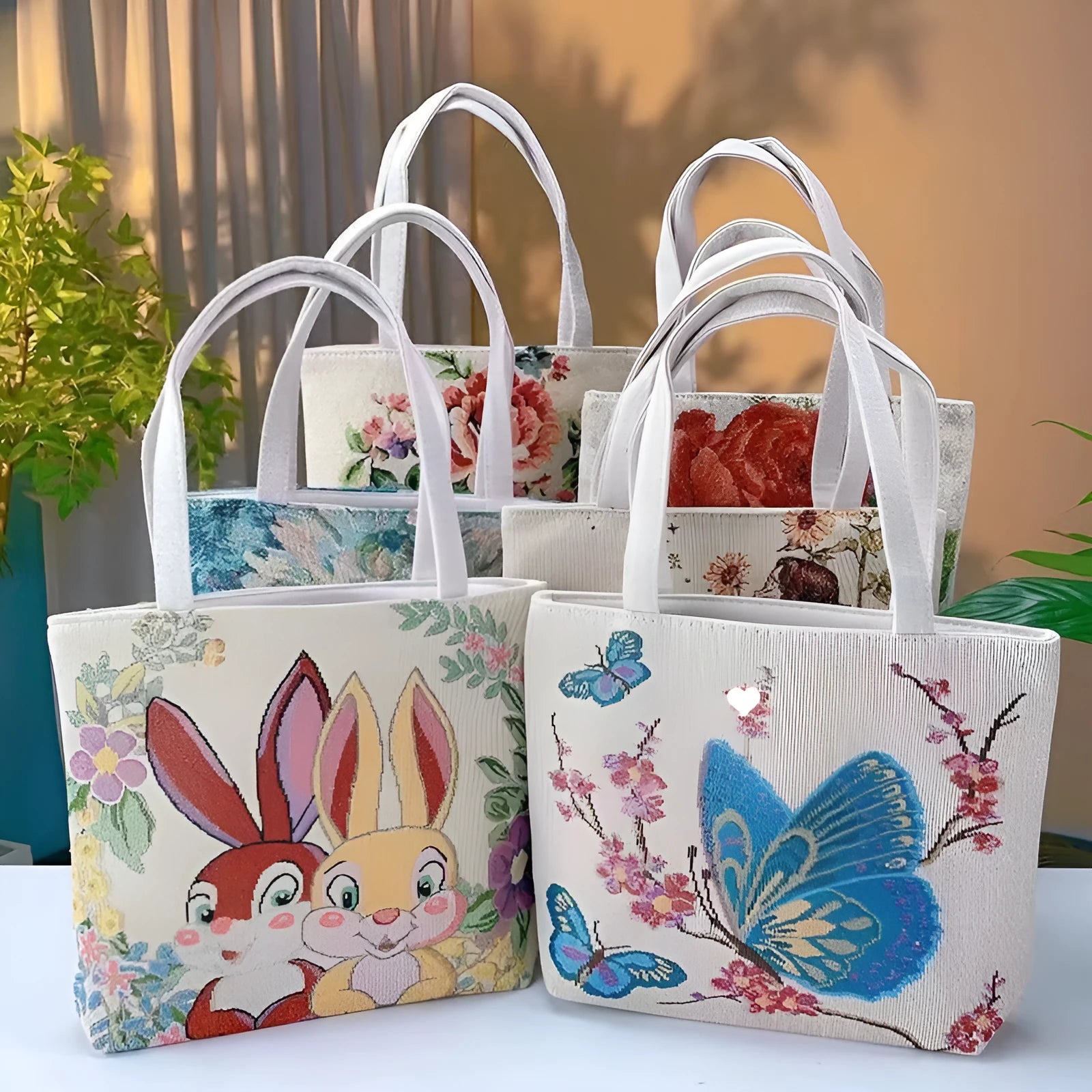 Double-sided gold wire embroidered canvas tote bag in small, medium, and large sizes with floral patterns.