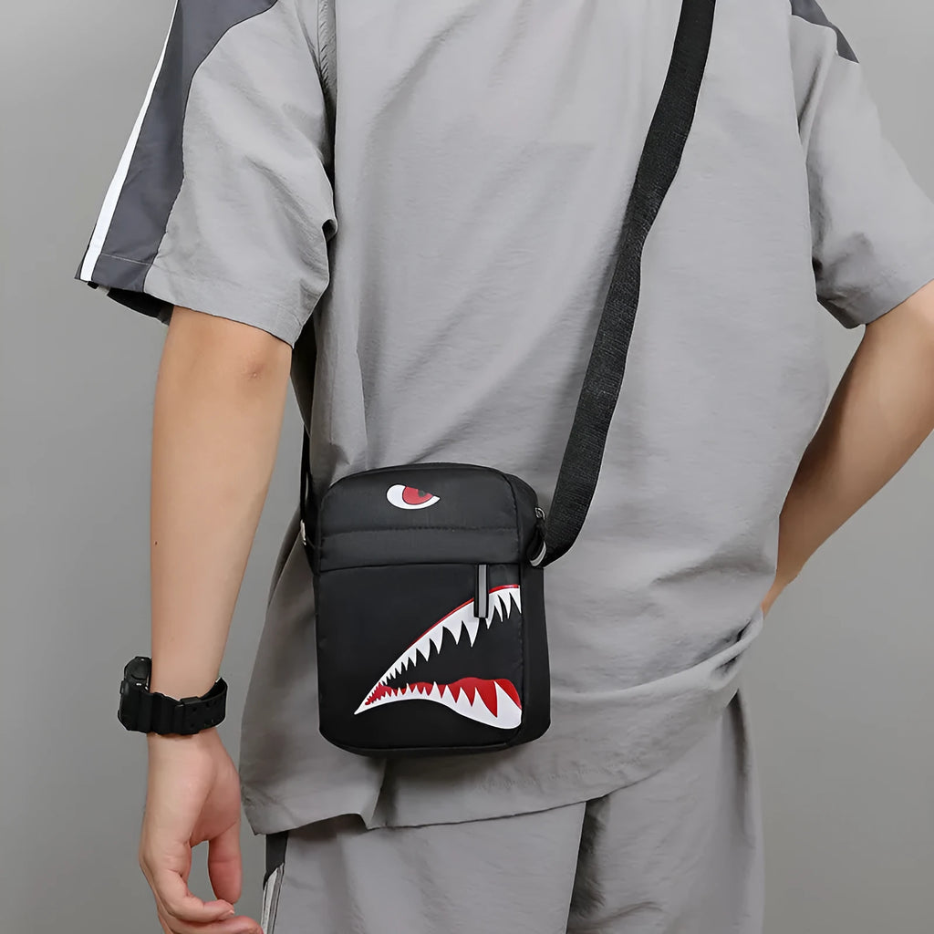 Men's small casual crossbody bag in Oxford cloth with animal print patterns in black colour option