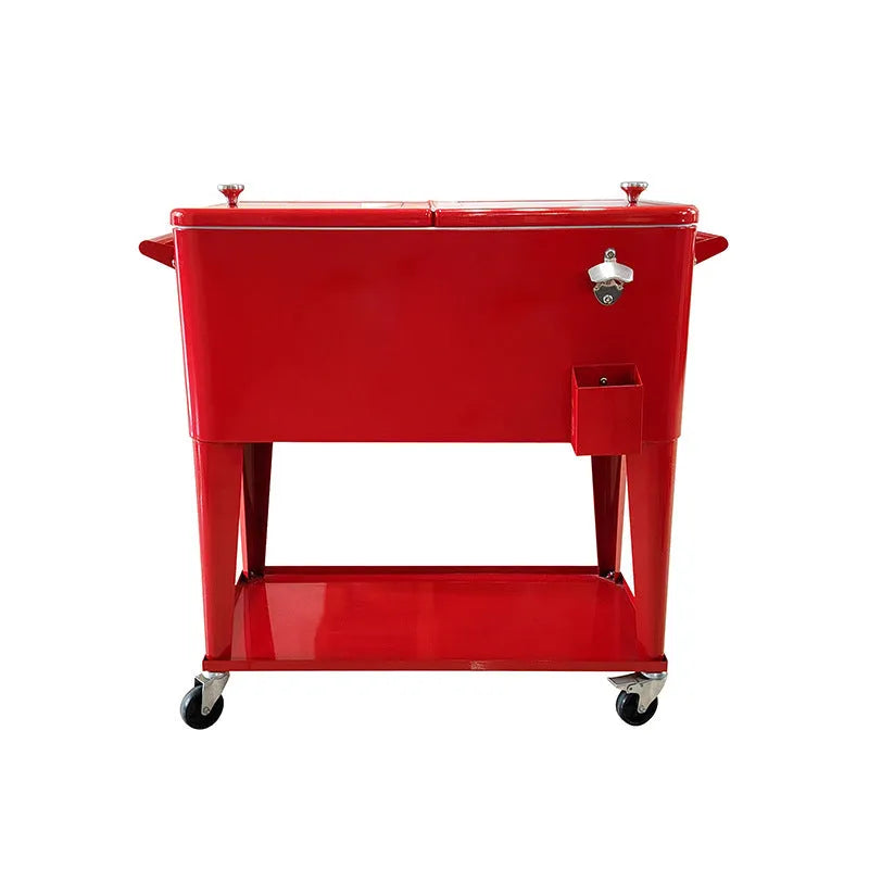 Red metal outdoor insulated cart with wheels and a 750ml capacity