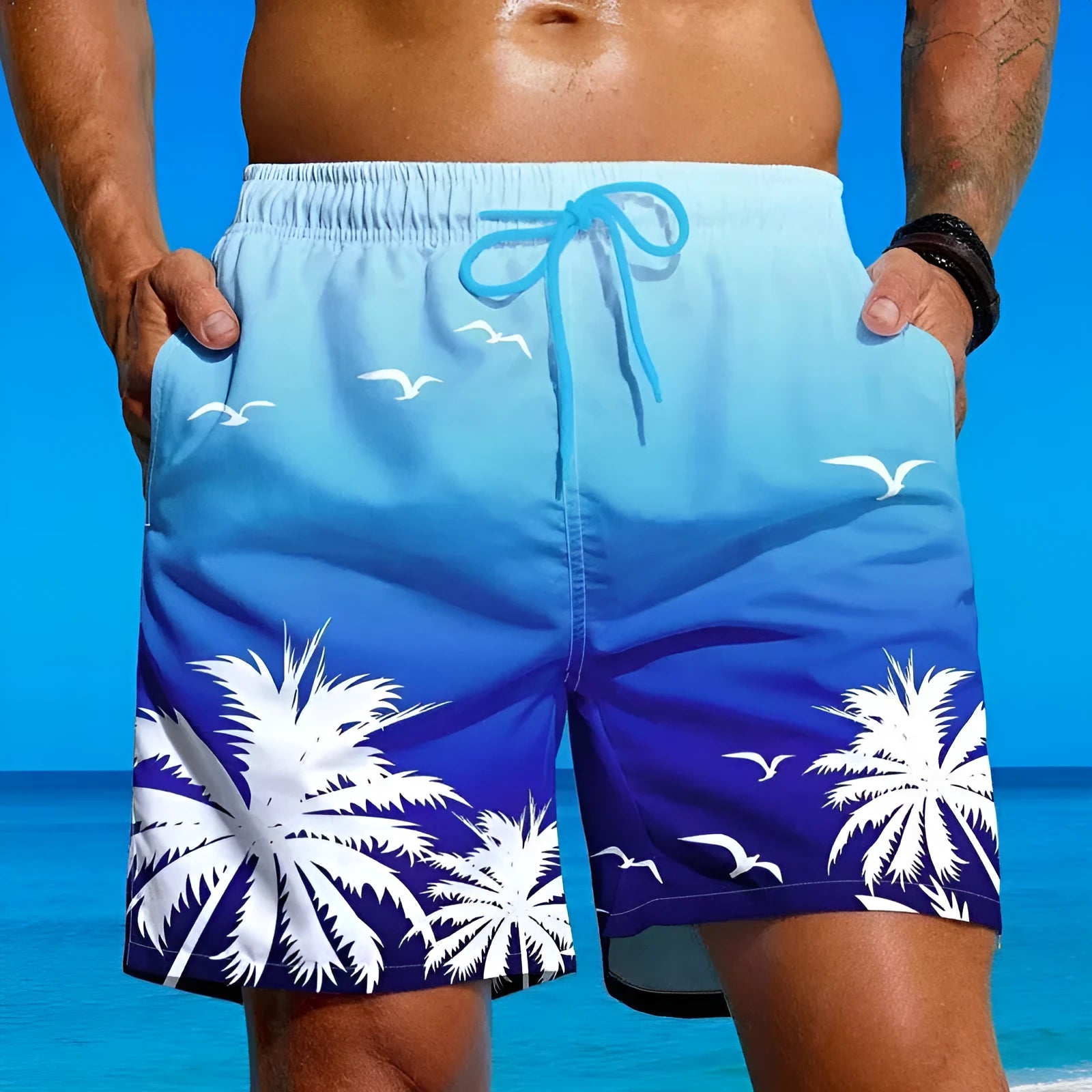 Men's loose board swimming trunks in polyester fiber with ethnic style pattern available in multiple colours