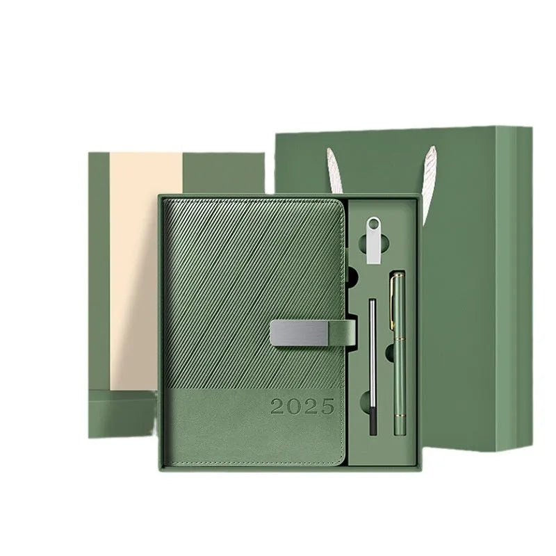 A4 thick notepad with striped PU leather cover in one of eight available colours, showing 204 sheets of paper