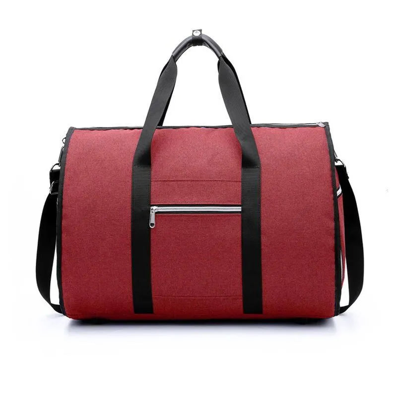 Cylinder-shaped travel bag in red, light grey, blue, or black colour with a zipper opening.