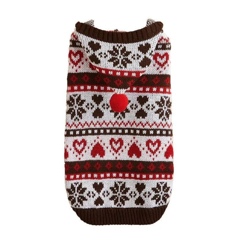 Pink knitted dog sweater with snowflake, love, stripe, and camouflage pattern on a small dog