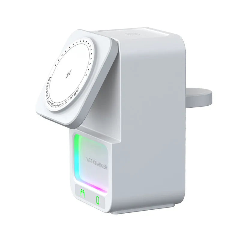 White and black Bluetooth speaker with wireless charging pad showing QC3.0 fast charge capability