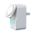 White and black Bluetooth speaker with wireless charging pad showing QC3.0 fast charge capability
