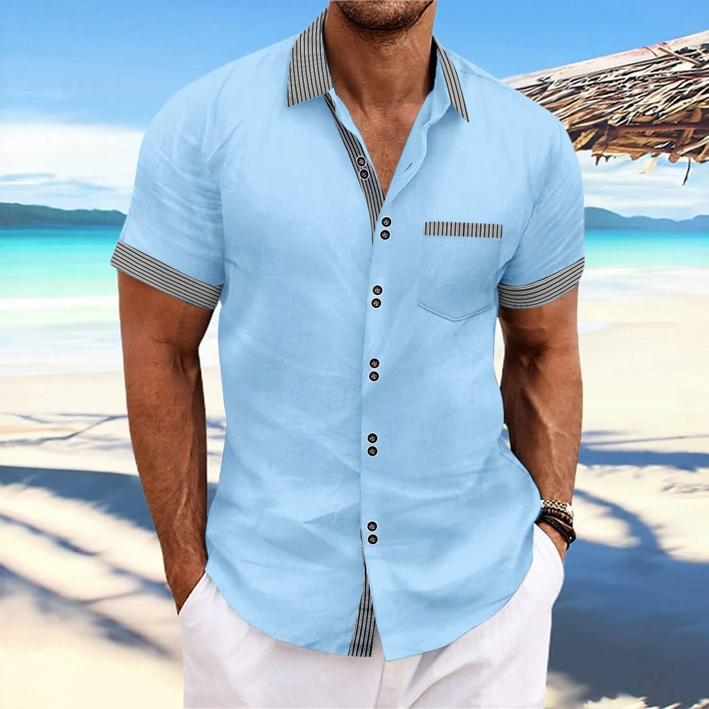 Pure cotton striped casual shirt in slim fit with short sleeves and a double-button front.