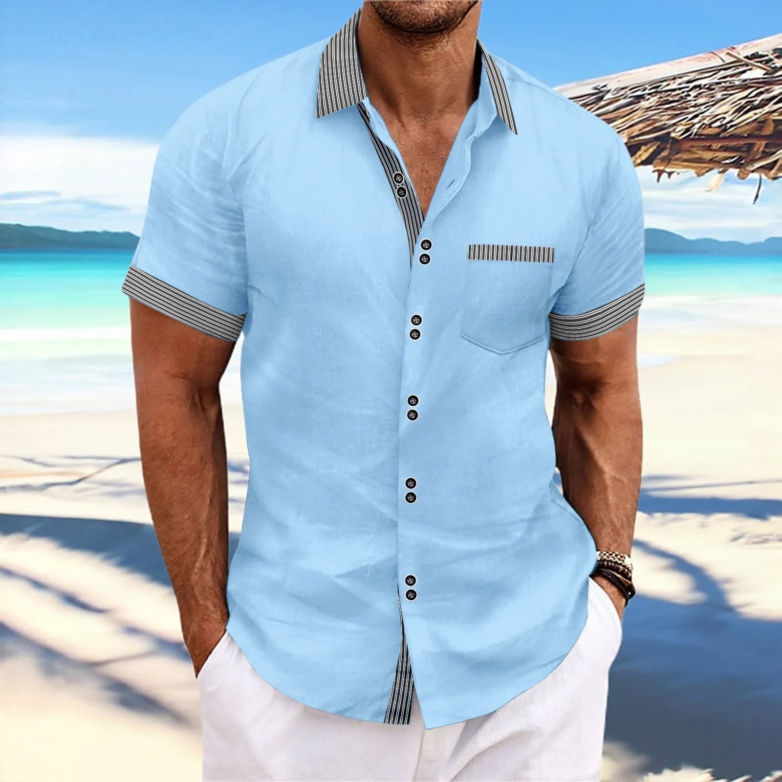 Pure cotton striped casual shirt in slim fit with short sleeves and a double-button front.