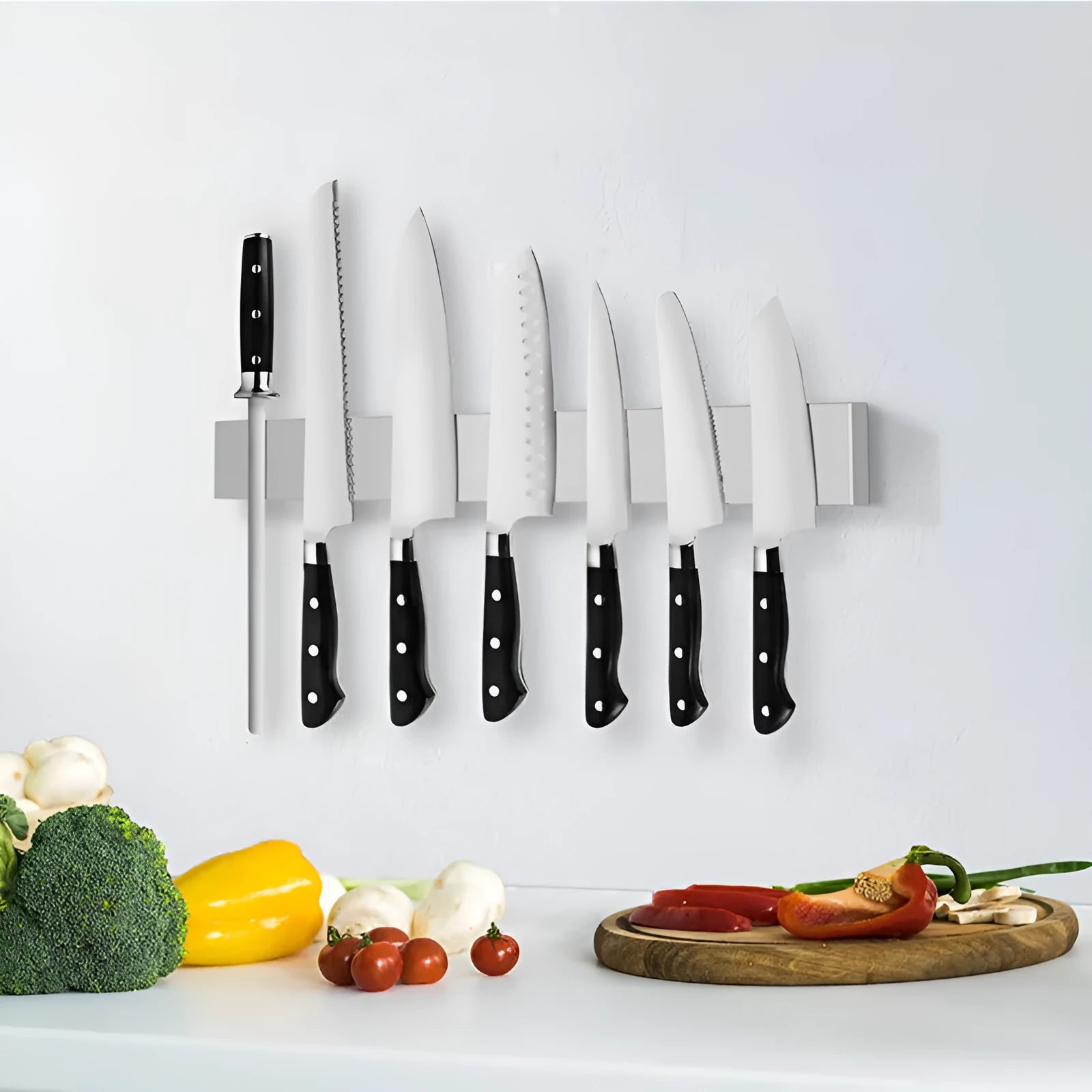 Stainless steel wall-mounted knife storage rack with multiple length options for organised kitchen