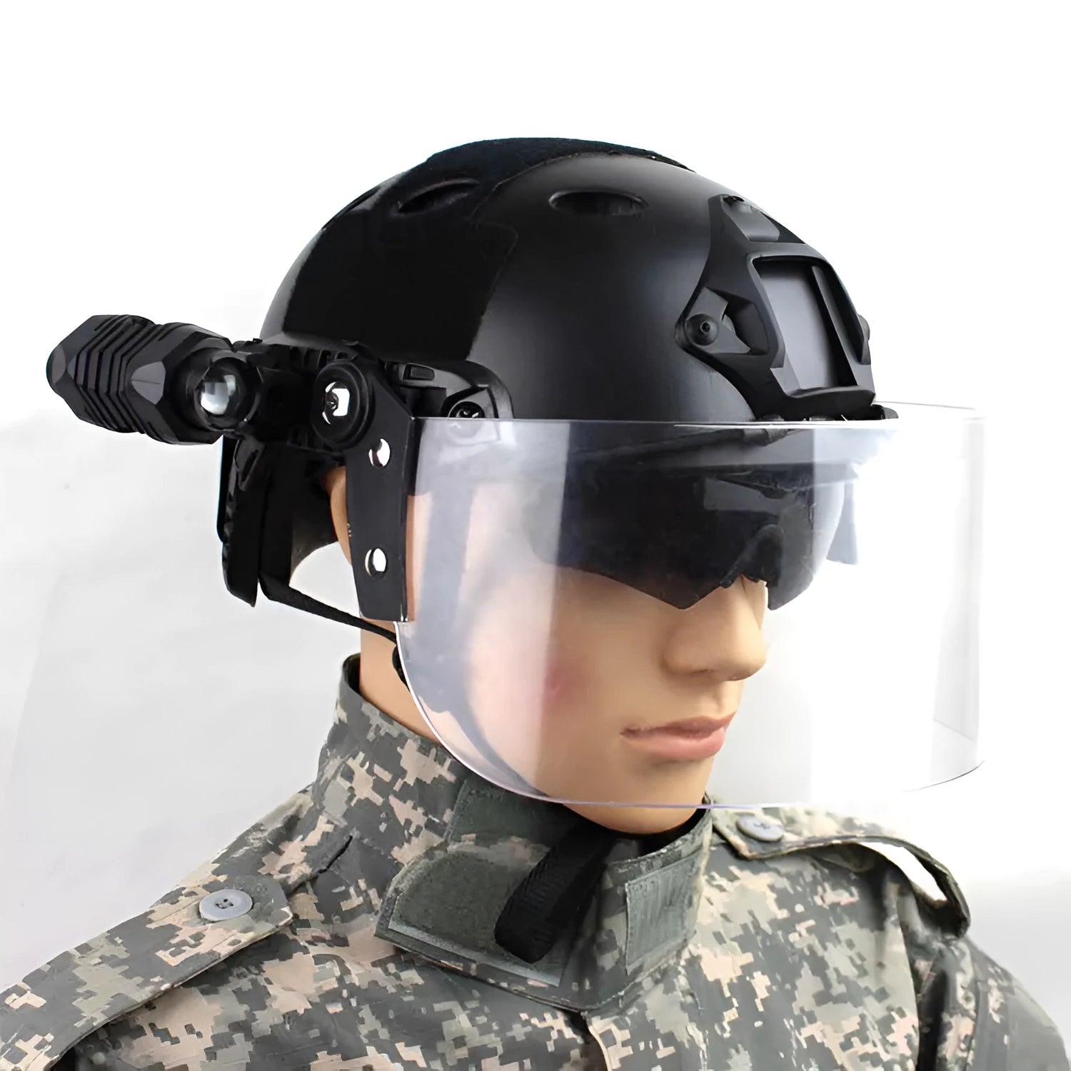 Transparent polycarbonate guide rail helmet mask with windproof lens measuring 30cm by 15cm