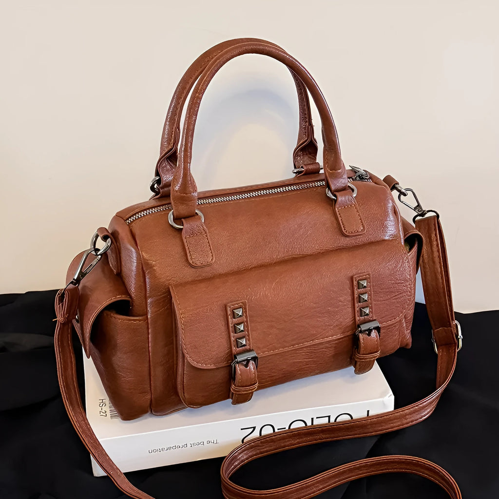 Vintage messenger bag with horizontal square design and contrast stitching in available colour options