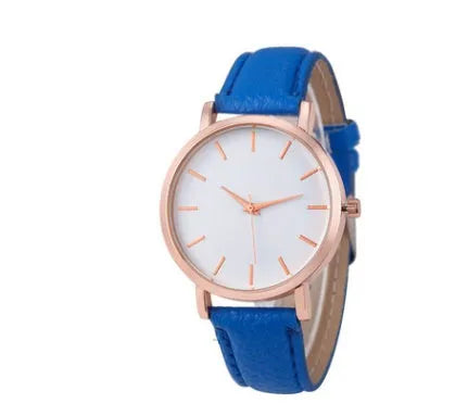 Square-faced quartz watch with a PU leather strap showing colour options on a white background.