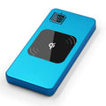 Silver alloy portable power bank with LCD display showing battery level, 10000mAh capacity.