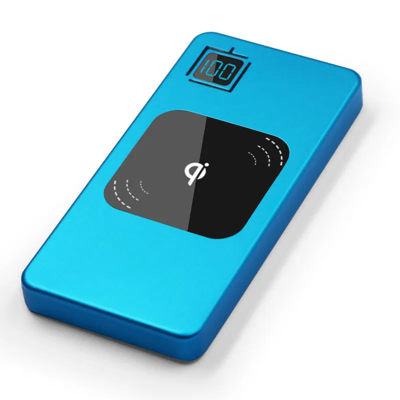 Silver alloy portable power bank with LCD display showing battery level, 10000mAh capacity.