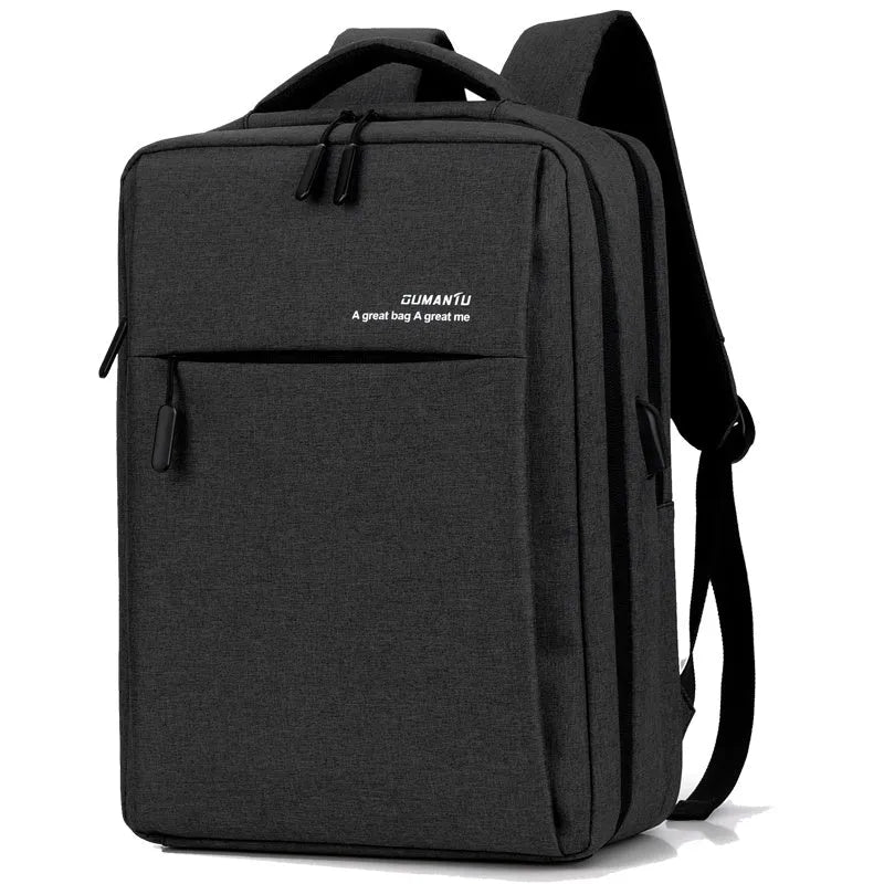 Black waterproof Oxford cloth laptop backpack with shoulder straps and built-in rechargeable power bank.
