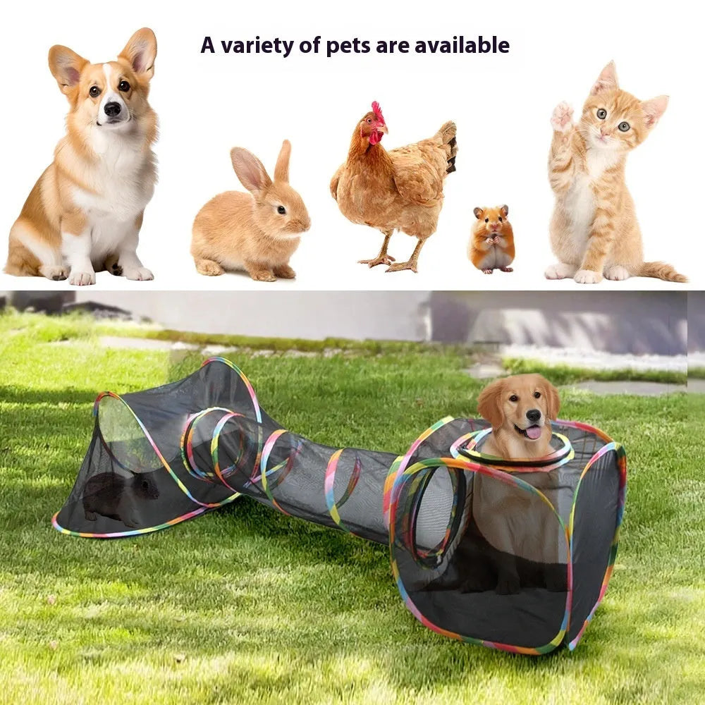 Foldable mesh cat roll cage showing hexagonal, tent and tee shape options for feline play