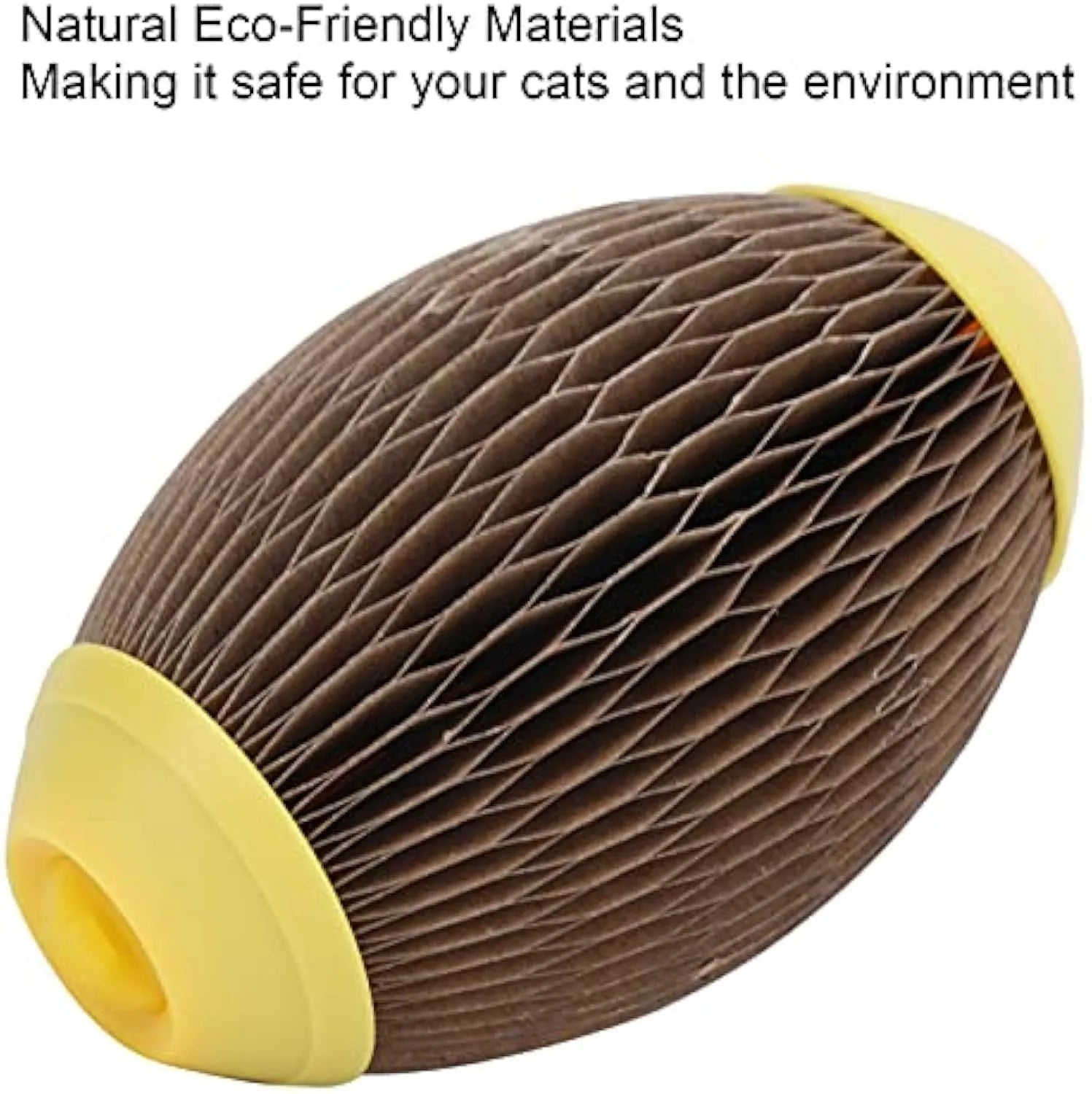 Ellipse-shaped corrugated paper catnip ball scratch toy on a plain background.