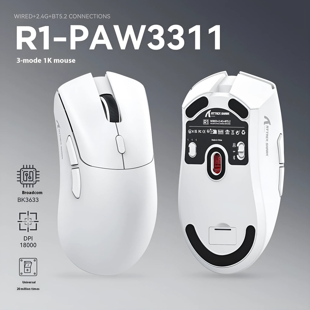 Attack Shark wireless gaming mouse in black, white or red with three connection modes