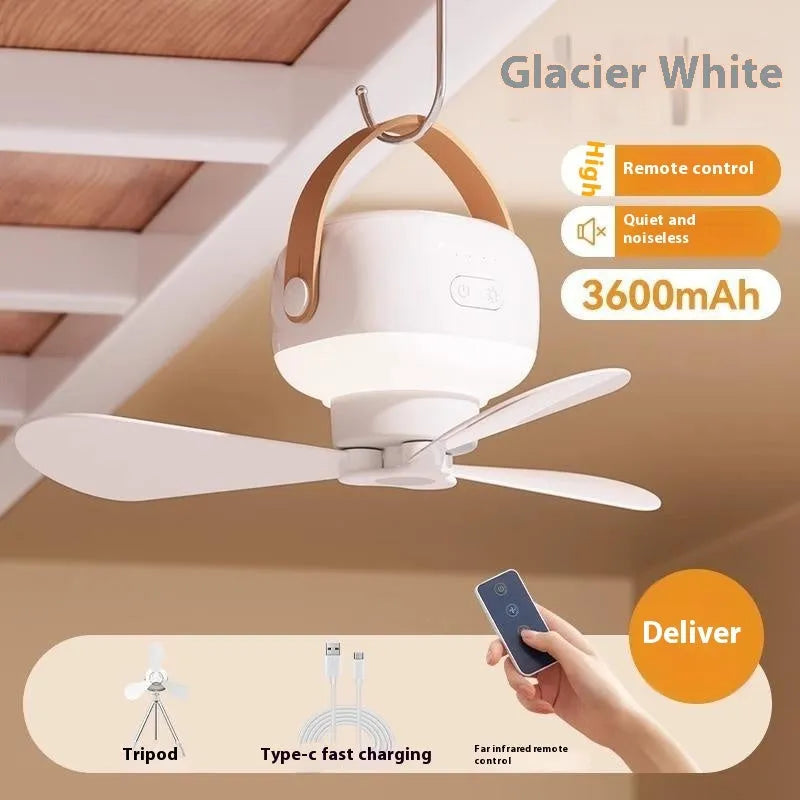 Small white rechargeable ceiling fan with remote control and strap for camping.