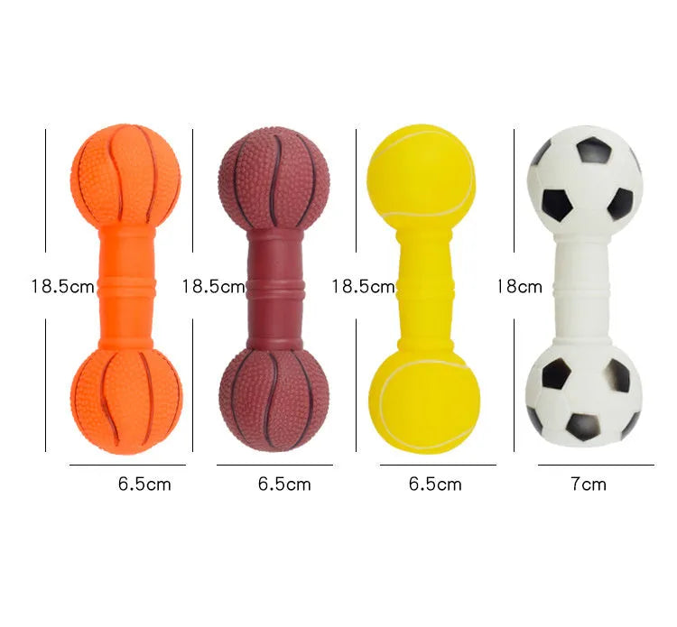 PVC football dumbbell shaped dog toy with squeaker in brown, orange, white and yellow colours