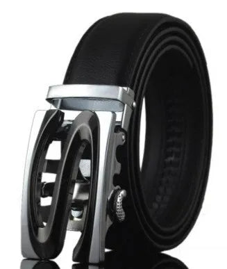 Men's black leather belt with an automatic buckle on a 3.5 cm wide cowhide strap.