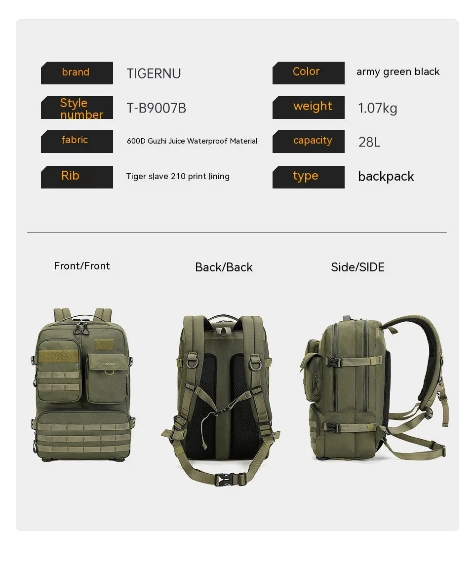 17-inch tactical waterproof backpack in army green or black with 20-35 litre capacity