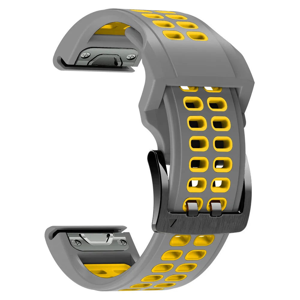 Two-colour silicone quick release watch strap with pin buckle in black and orange combination
