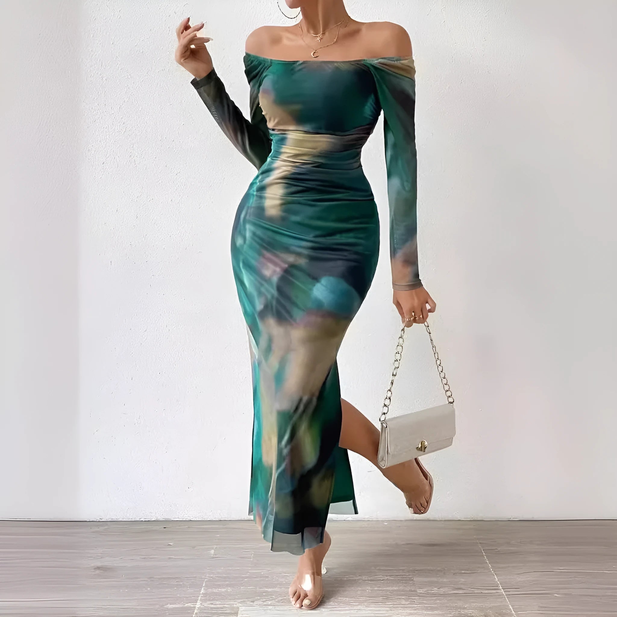 Printed pleated mesh fishtail dress with square collar and thigh split in gradient colours