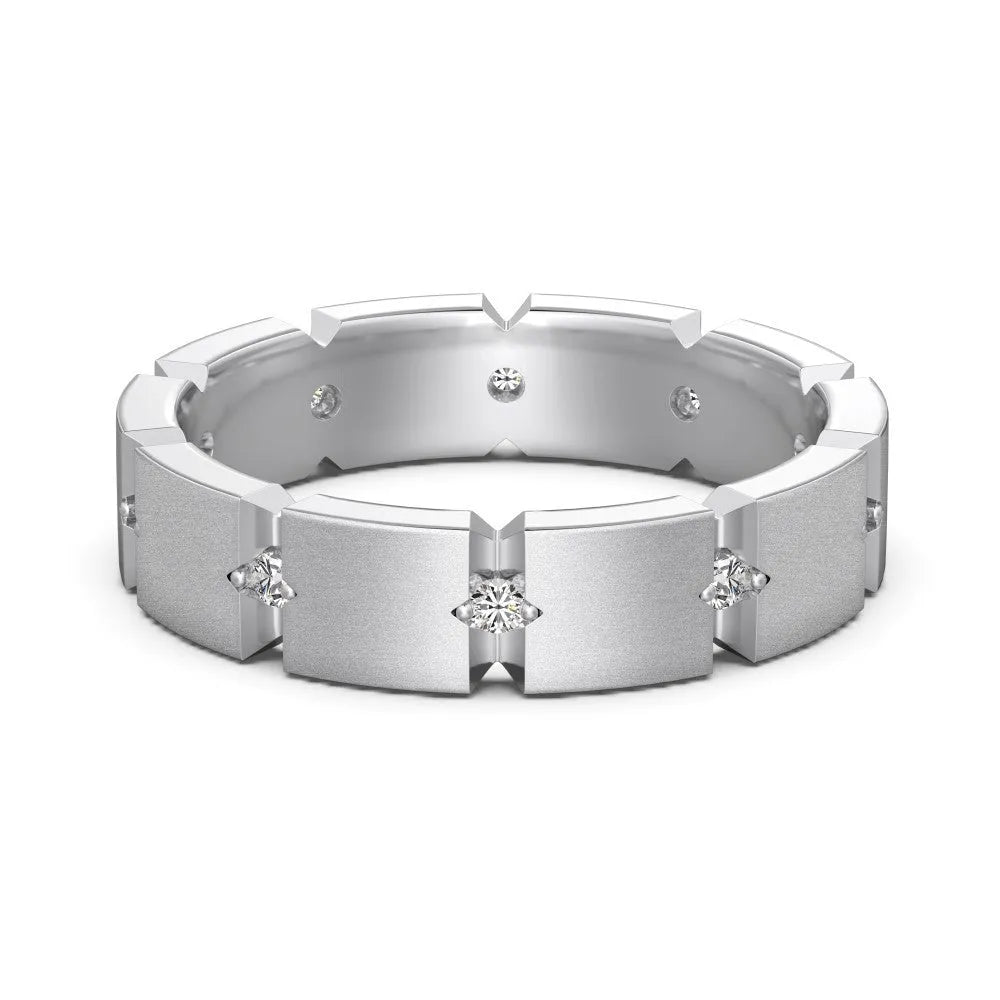 S925 sterling silver slim ring with round zirconium inlay and geometric cutout pattern on a white background