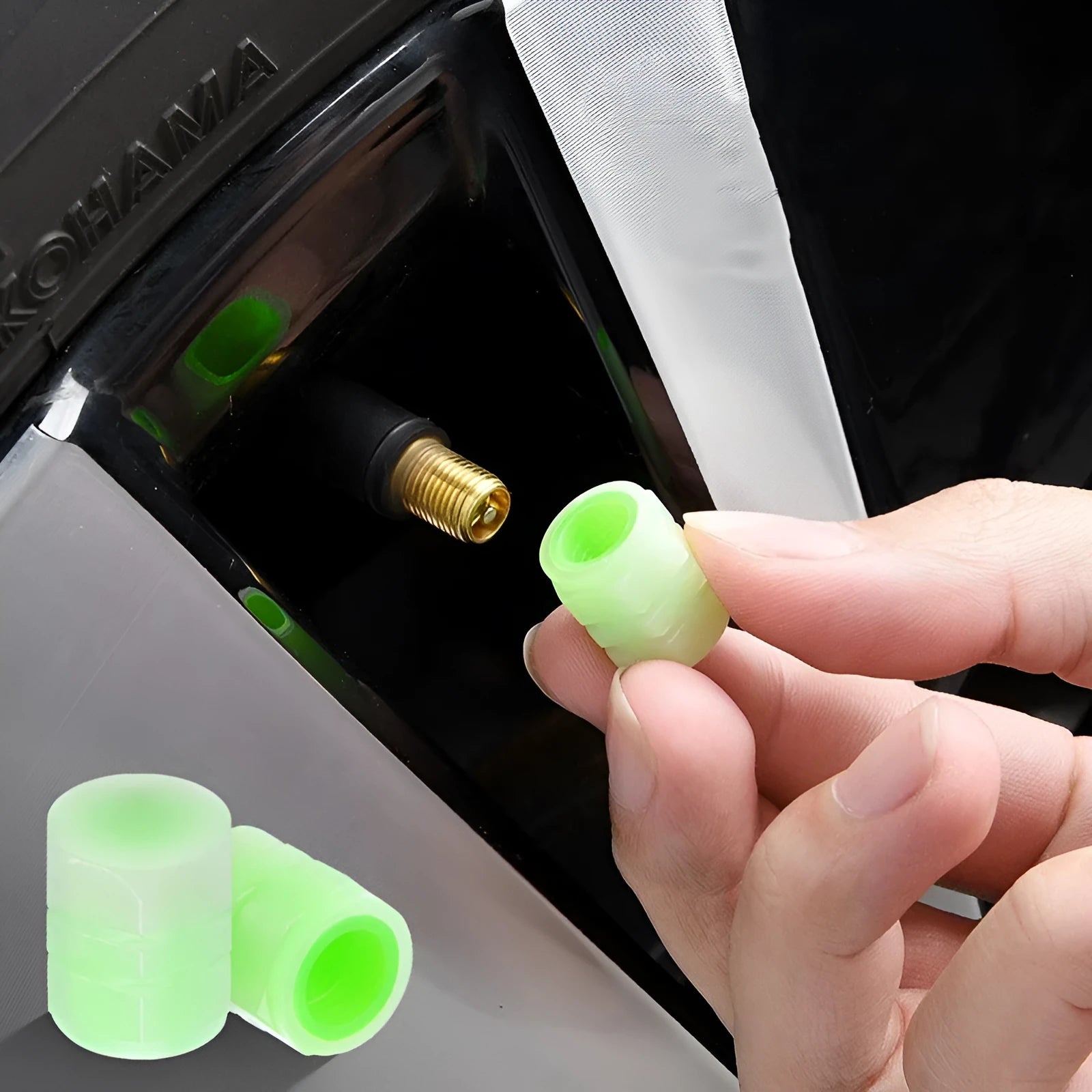Rubber luminous valve caps for car tyres showing 16mm by 12mm dimensions