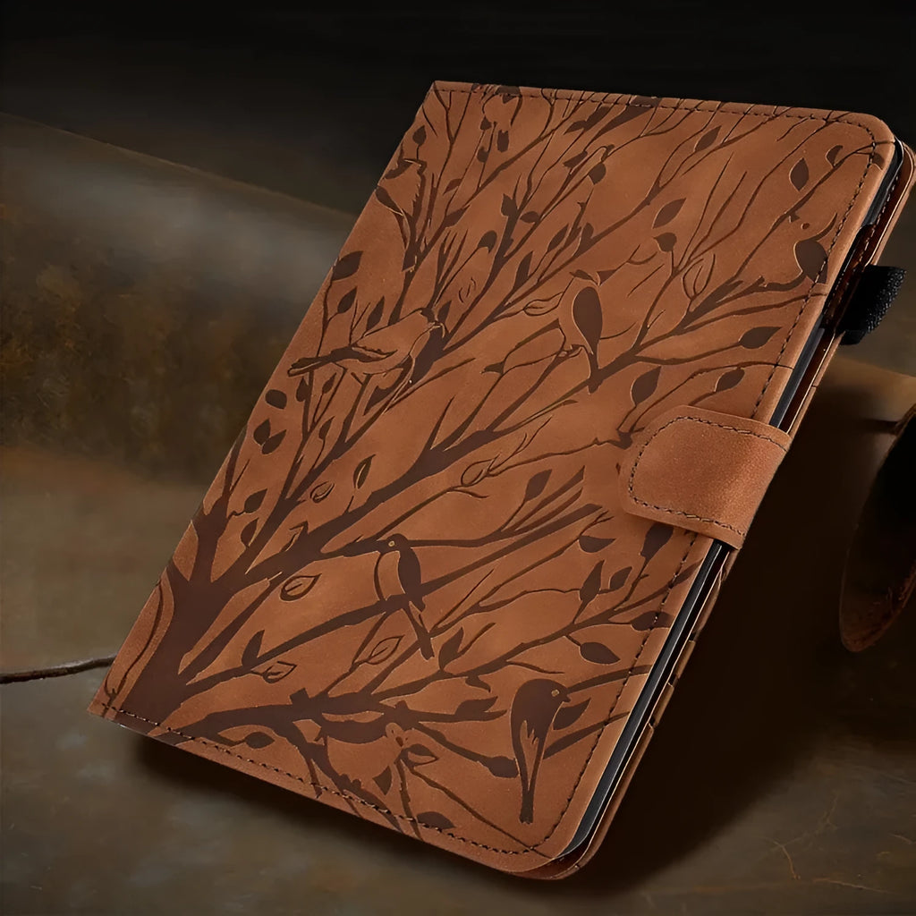Pachira Macrocarpa imitation leather tablet protective case with integrated viewing bracket in black.