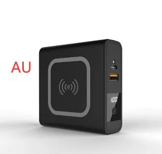 Black and white QI wireless charging power bank with PD20W fast charging and international travel plugs