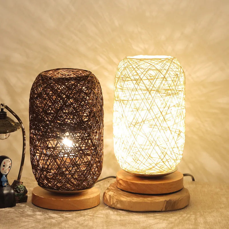Sepak Takraw desk lamp with hemp rope construction and solid wood base