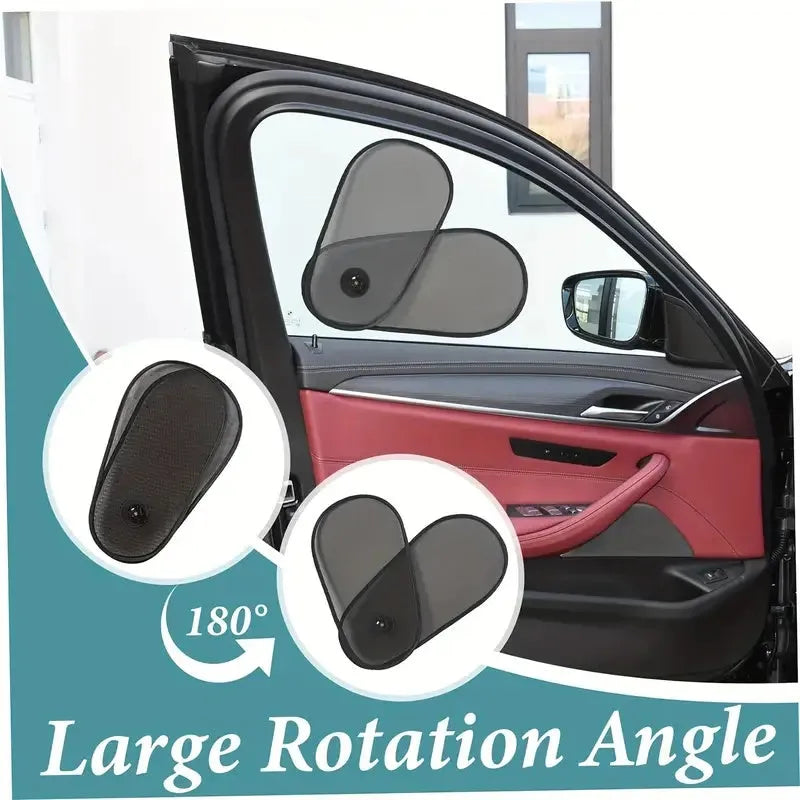 Breathable car window shade stretched on side window with suction cups visible