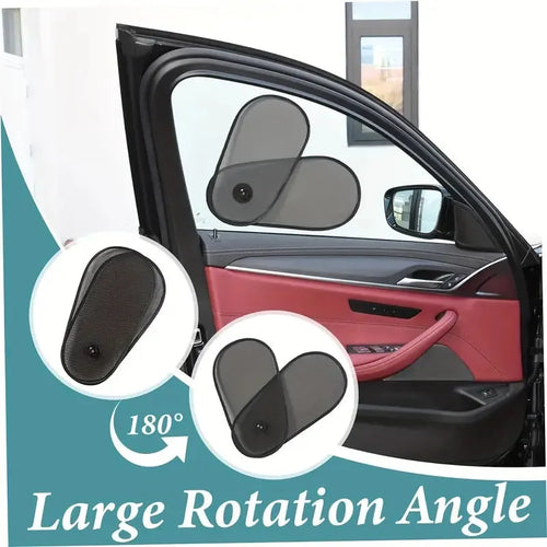 Breathable car window shade stretched on side window with suction cups visible