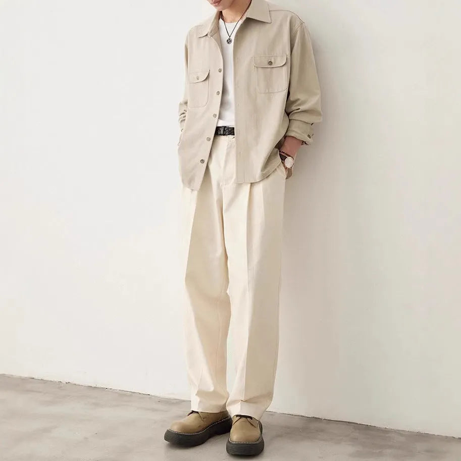 Men's cotton fabric lapel shirt in light sand rice colour with collage stitching detail and long sleeves