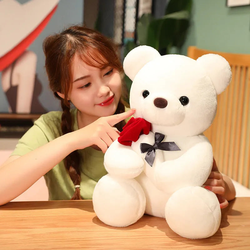 Rose bear plush stuffed animal doll in beige, brown or grey with cartoon design