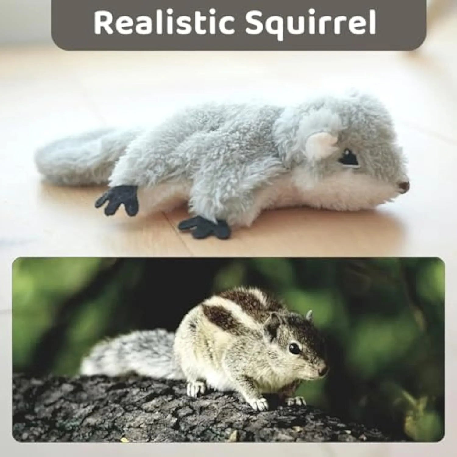 Grey flapping squirrel cat toy with USB charging cable on neutral background