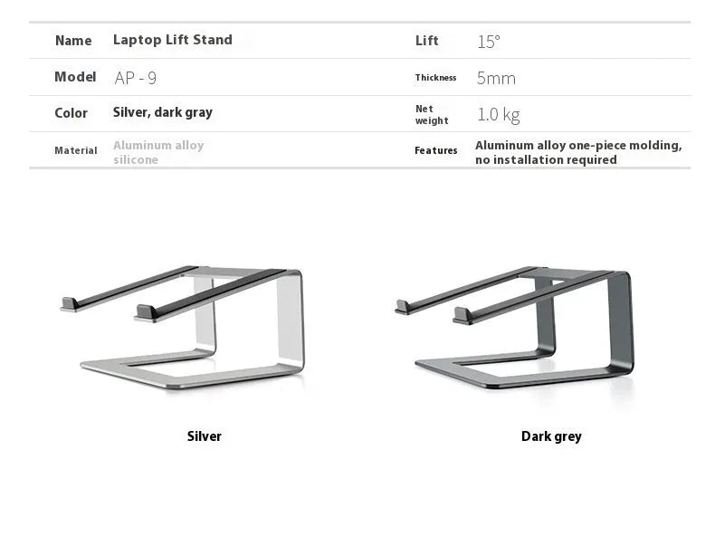 Black aluminium laptop stand on desk supporting silver laptop at improved viewing height