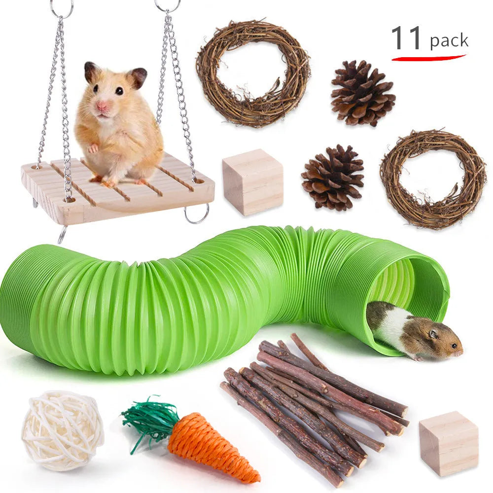 Assortment of wooden pet toys for rabbits guinea pigs and parrots in a set