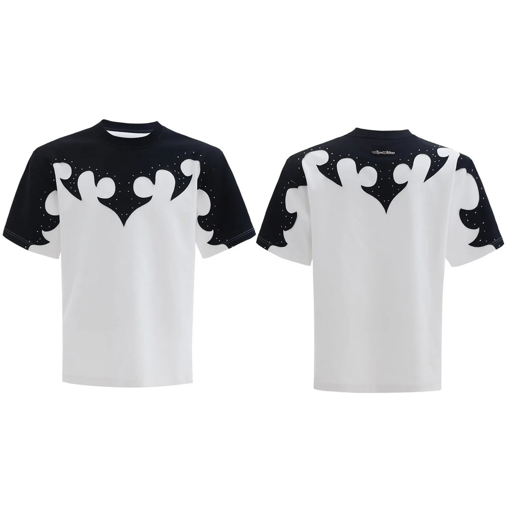 Men's red cotton t-shirt with burnt flower embroidery and rhinestone detailing on the front.