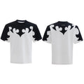 Men's red cotton t-shirt with burnt flower embroidery and rhinestone detailing on the front.