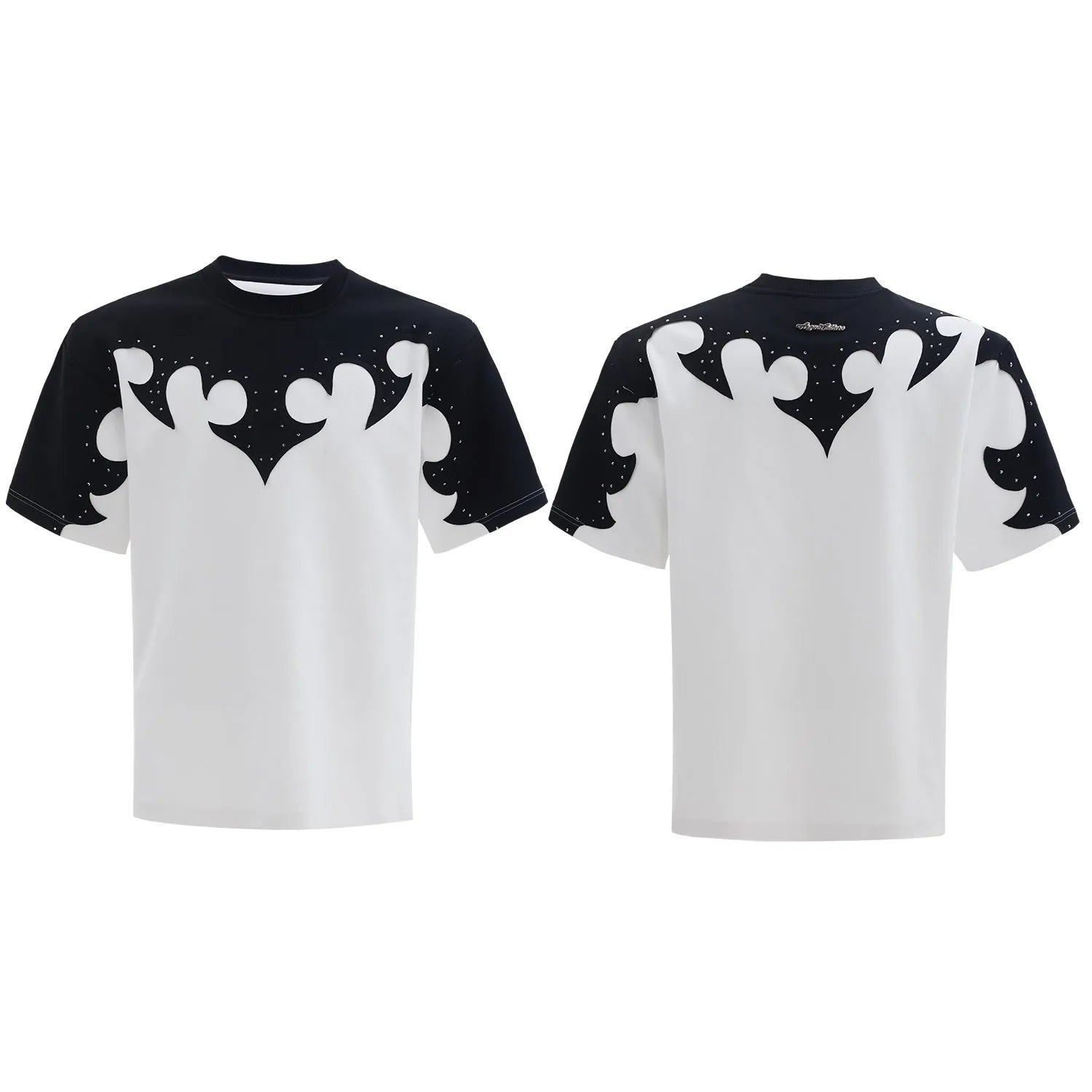 Men's red cotton t-shirt with burnt flower embroidery and rhinestone detailing on the front.