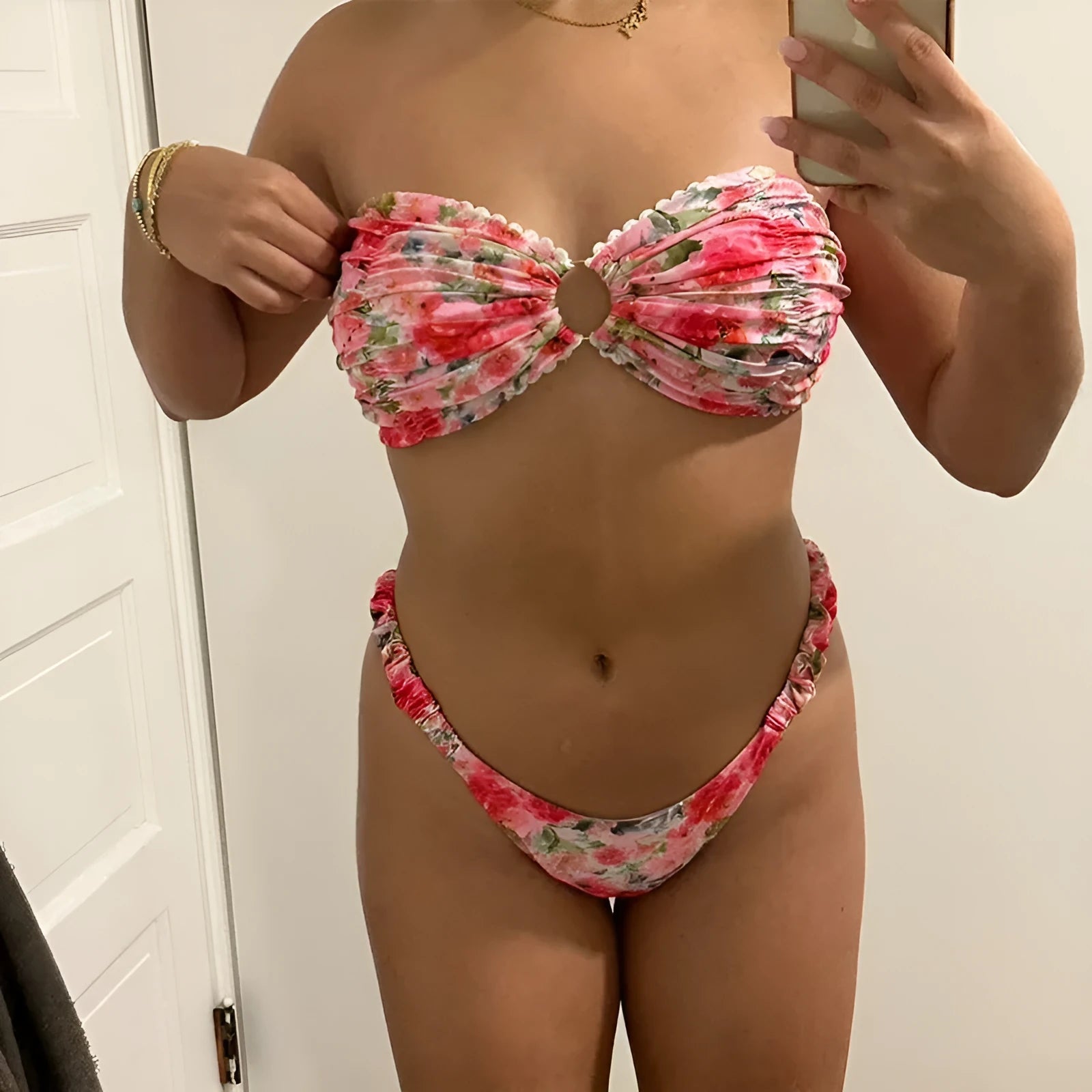 Women's floral printed bikini set with lace-up tube top and coordinating shorts for swimming