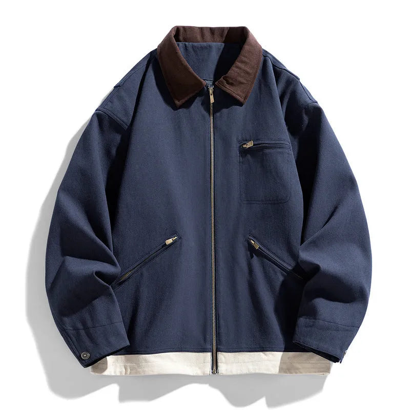Men's Korean style workwear jacket with contrast lapels in loose fit autumn design