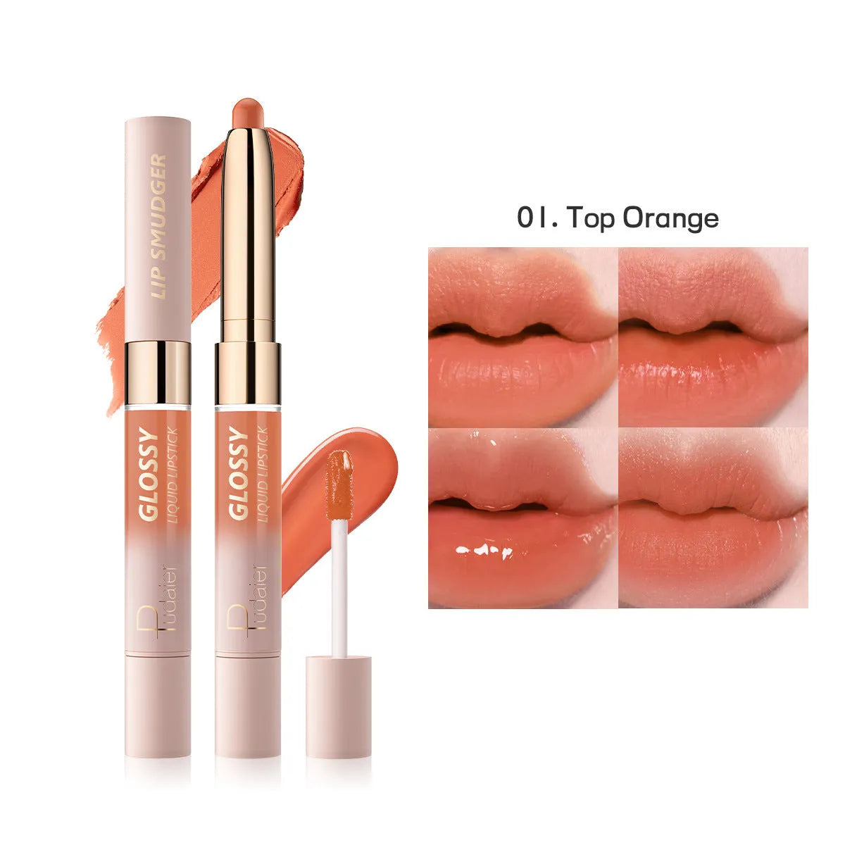 Double-headed lipstick showing matte and glossy finishes in one of 10 available colours